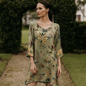 Anthropologie Odd Molly Boho Green Geometric Shift Dress 3/4 Sleeve M